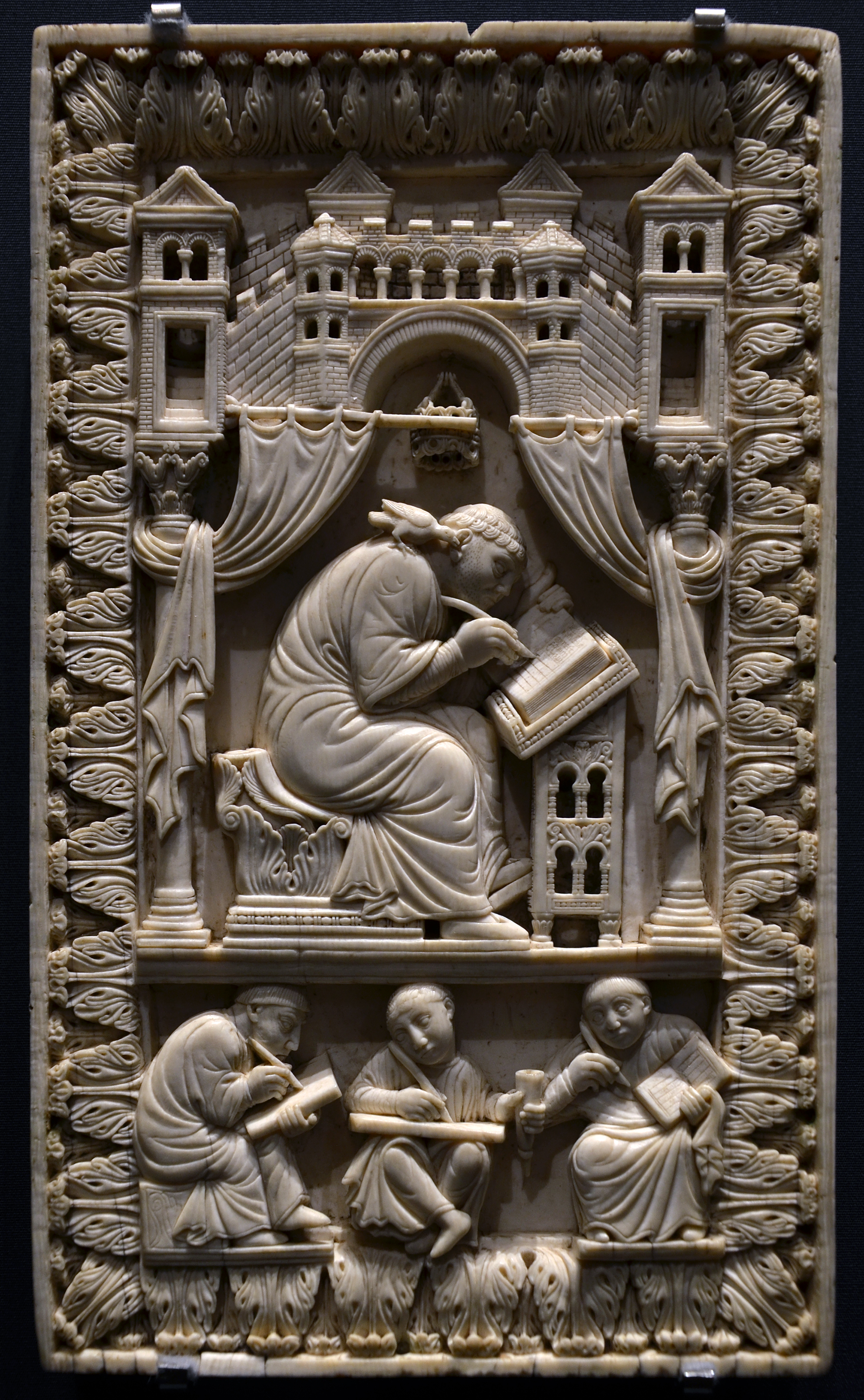 Medieval ivory showing Gregory the Great with scribes