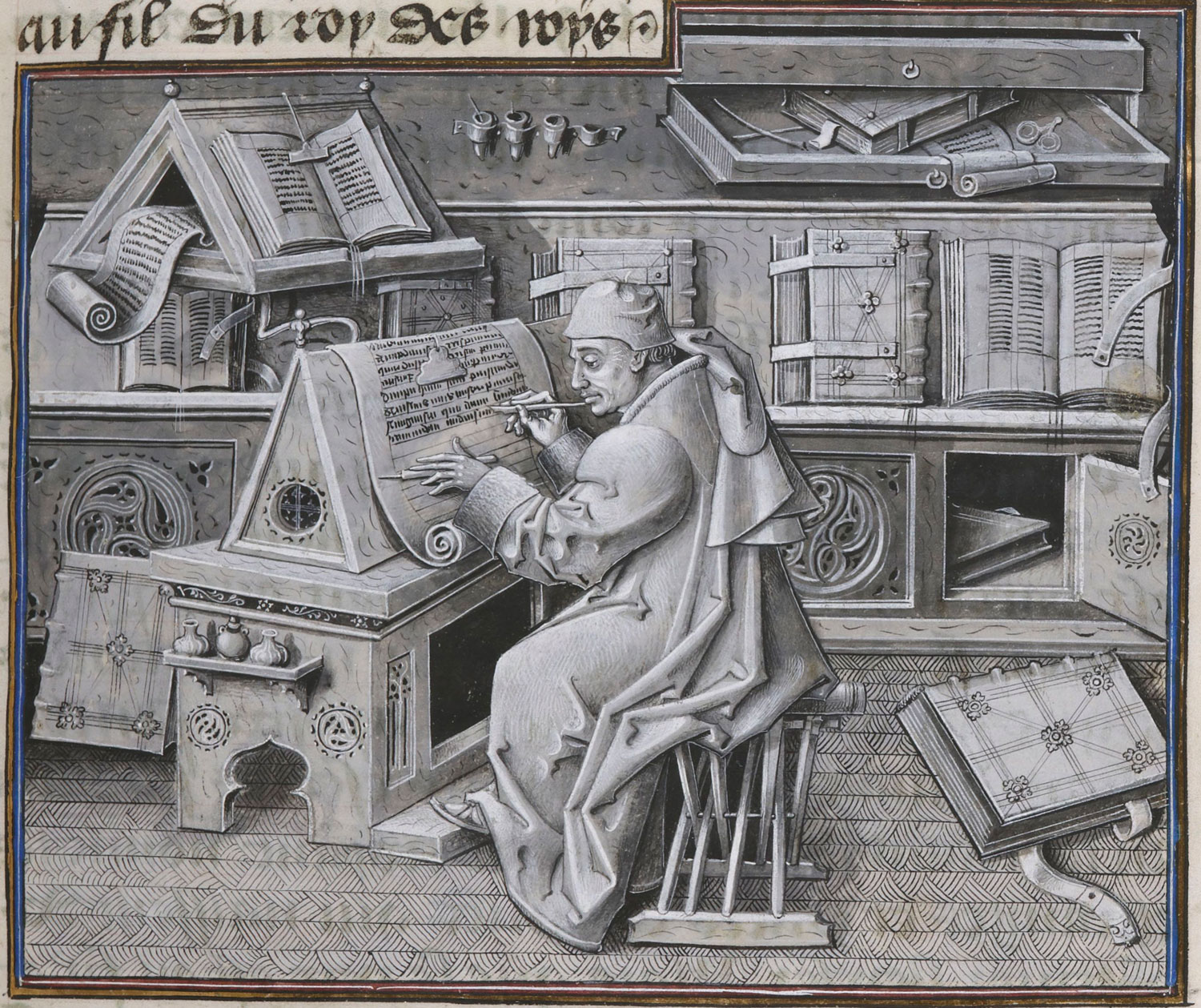 Jean Mielot writing in a medieval scriptorium